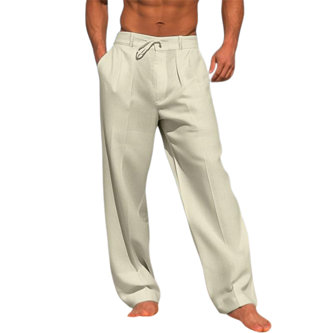 Men's casual trousers by Wilfred Smith with drawstring waist and side pockets in beige
