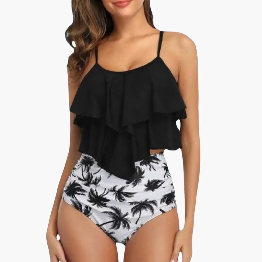 Two-Piece Women's Tankini with Ruffles and Tummy Control: black layered ruffle top, white palm-print bottoms