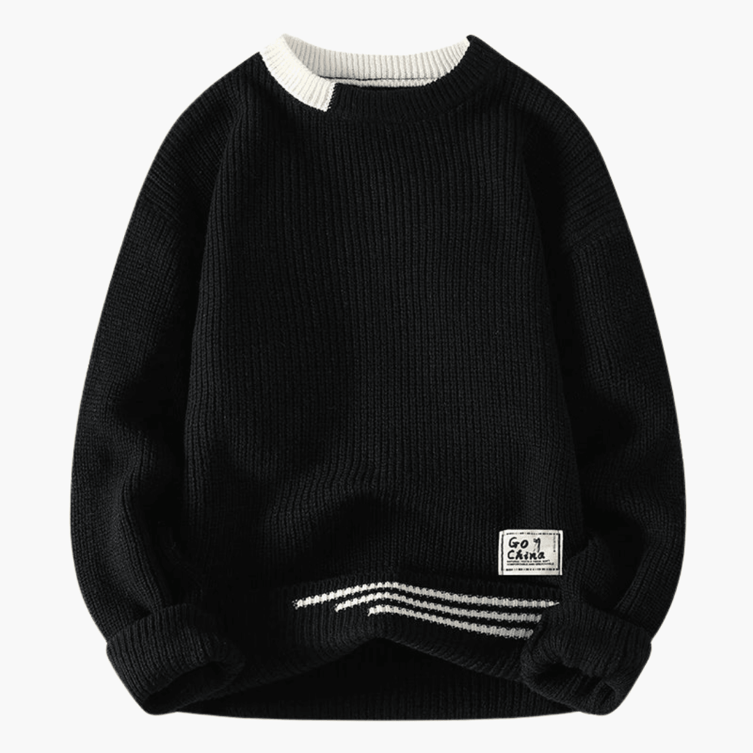Men's pullover by Wilfred Smith, black knit sweater with round neckline and ribbed hem.