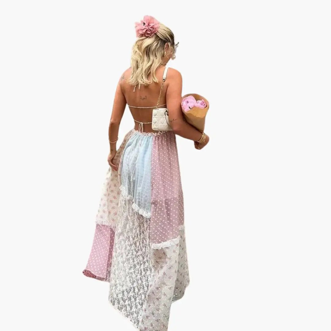 Patchwork Maxi Dress with spaghetti straps; pastel pink, blue, and white panels, back view.