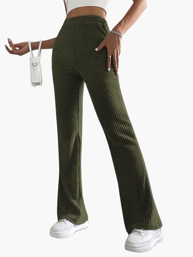 Wide high-waist olive-green knit pants for women, wide-leg lounge trousers.