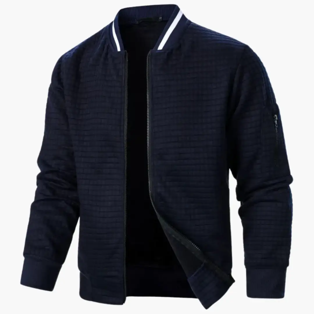 Men's navy quilted bomber jacket with zip front and ribbed cuffs