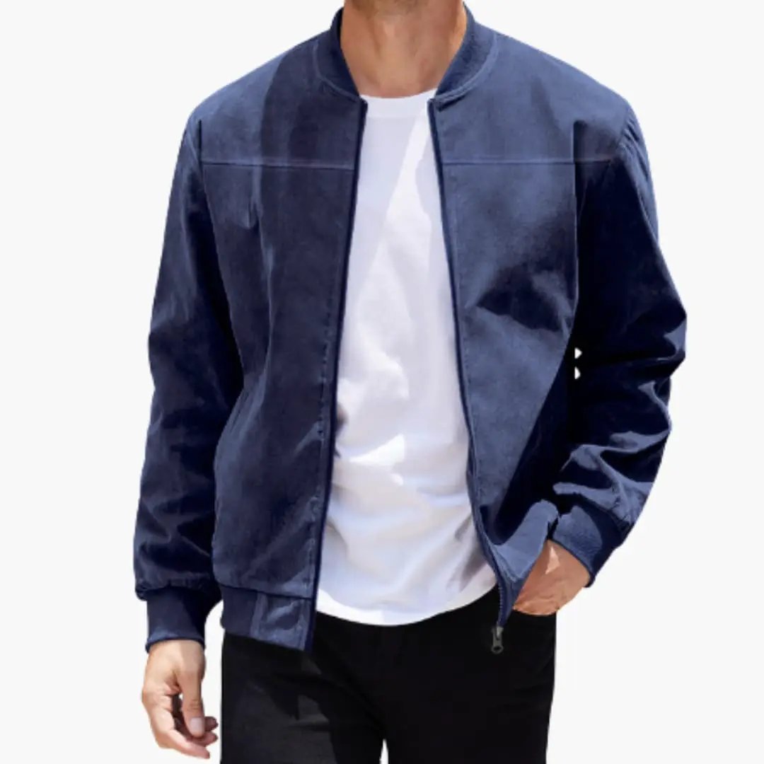 Bomber jacket for men in navy blue with ribbed collar and zip front.