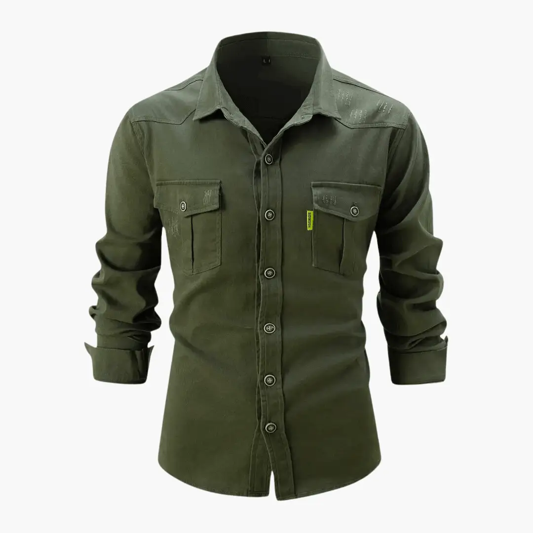 Men's long sleeve shirt olive green, premium cotton, slim fit, chest-pocket design, Wilfred Smith