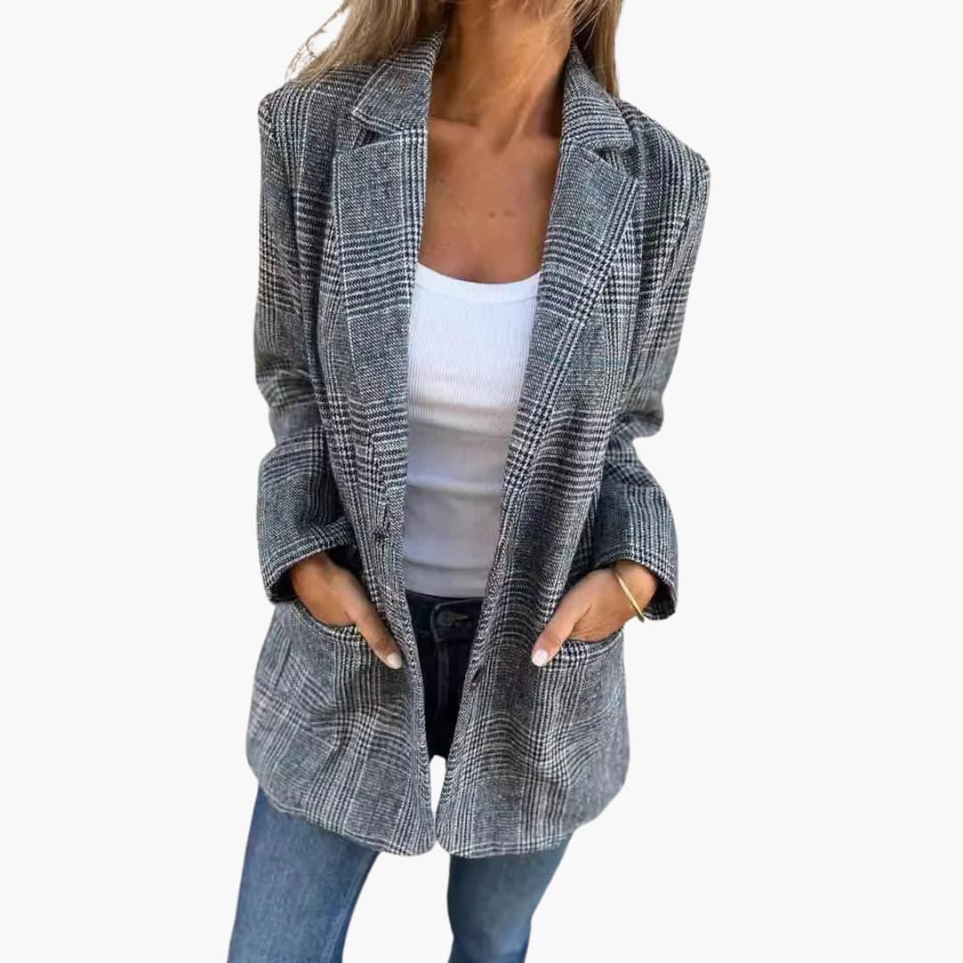 Women's checked blazer in gray plaid, tailored slim fit with pockets, Wilfred Smith