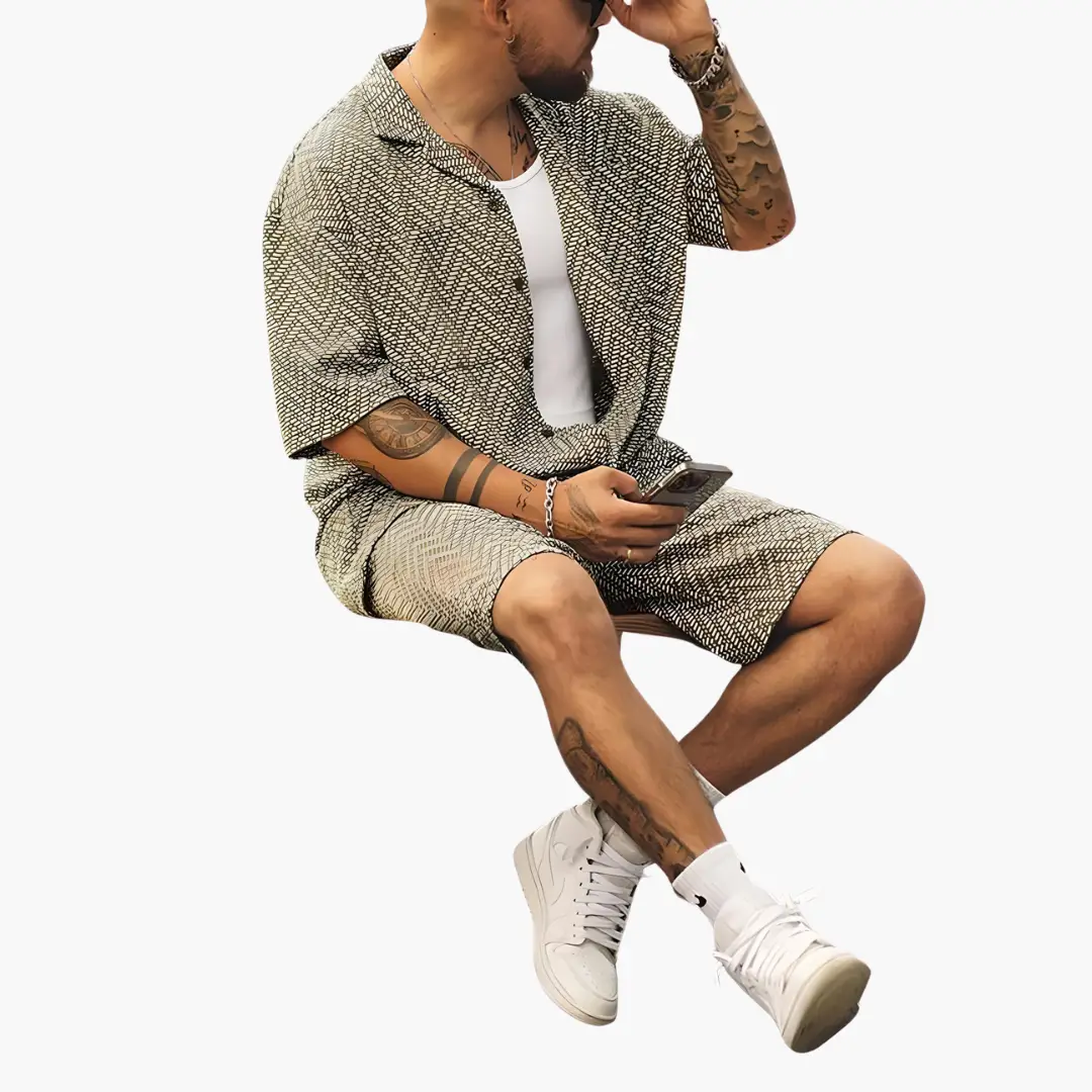 Men's summer two-piece set with short sleeves and collar, beige-patterned shirt and matching shorts, white sneakers