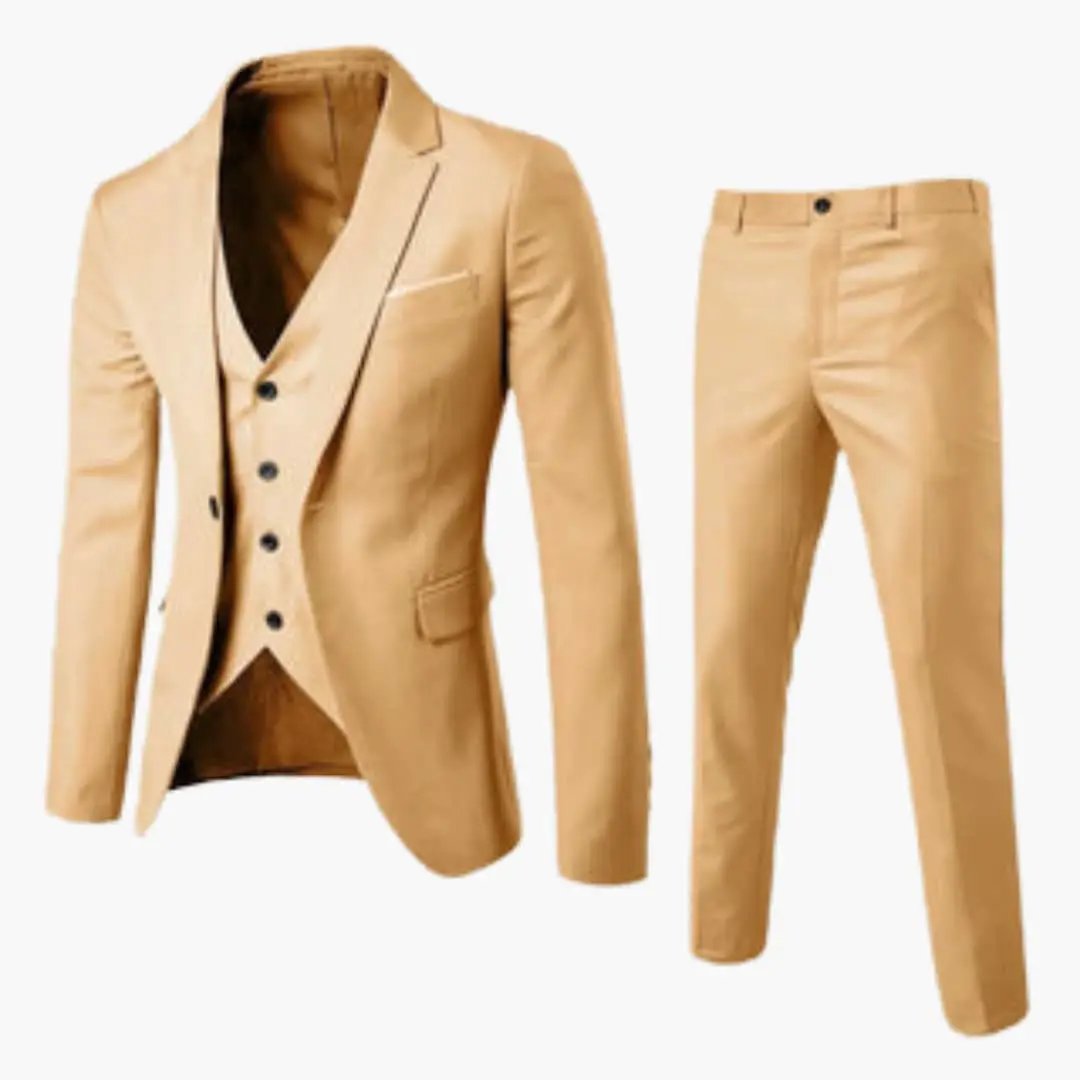 Three-Piece Suit with Vest for Men in beige by Wilfred Smith; blazer, vest and trousers