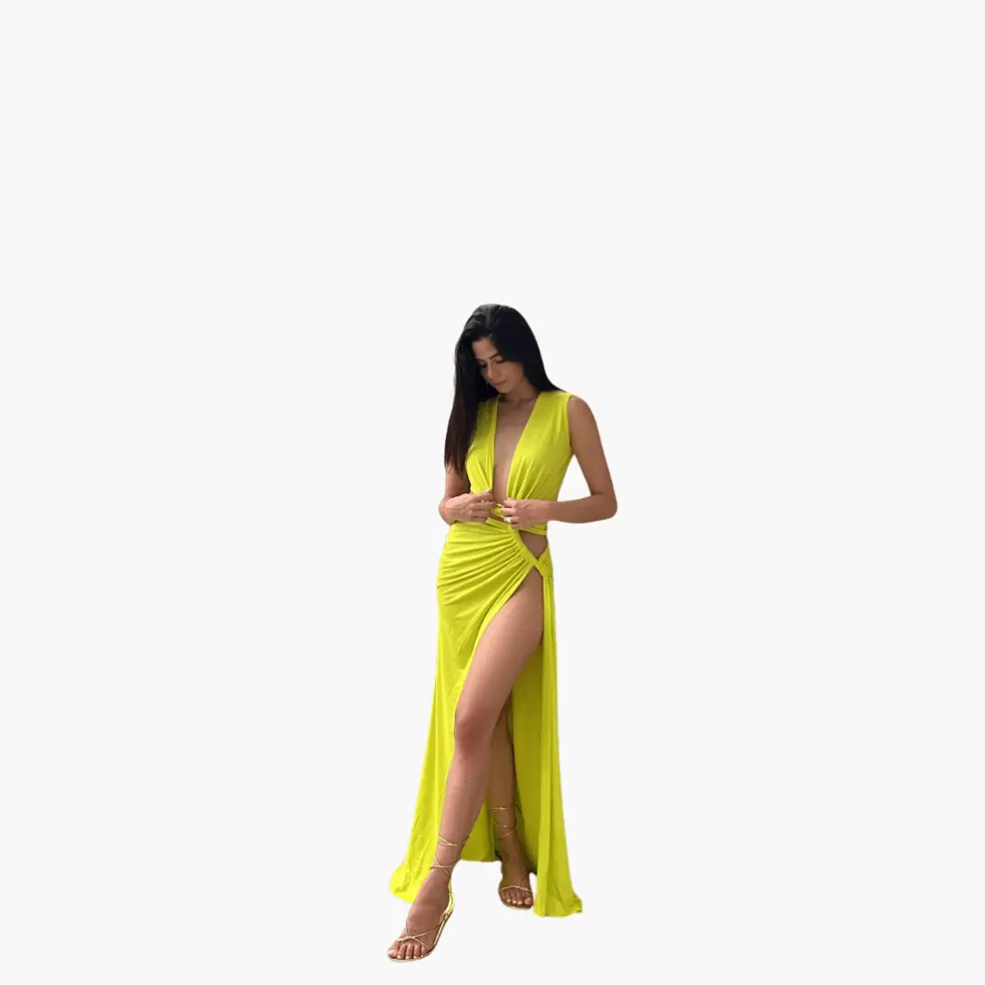 Summer dress for women neon lime with cut-out V-neck and side slit