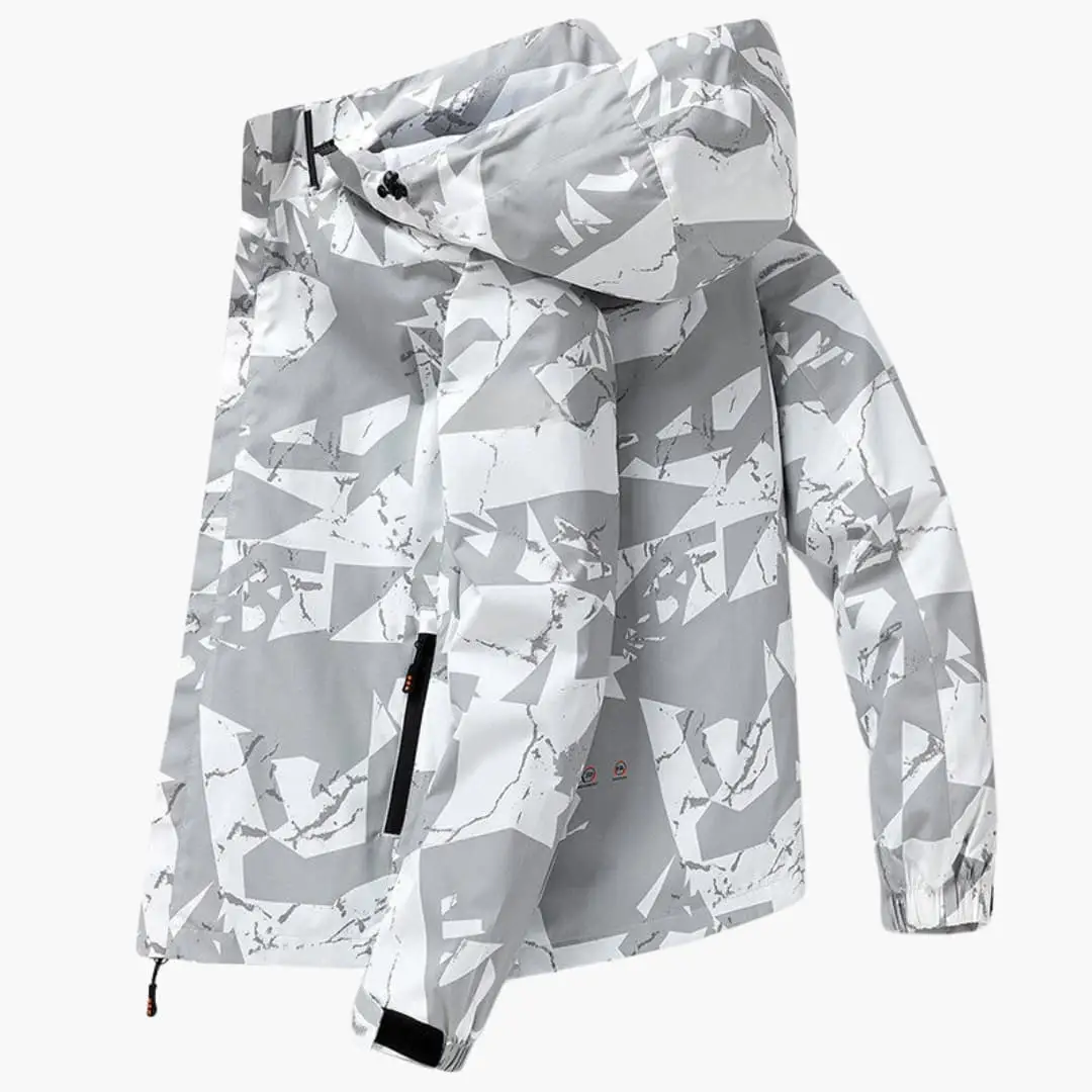 Men's ski jacket with hood in grey/white abstract print, elastic cuffs, front zip pocket, Wilfred Smith.