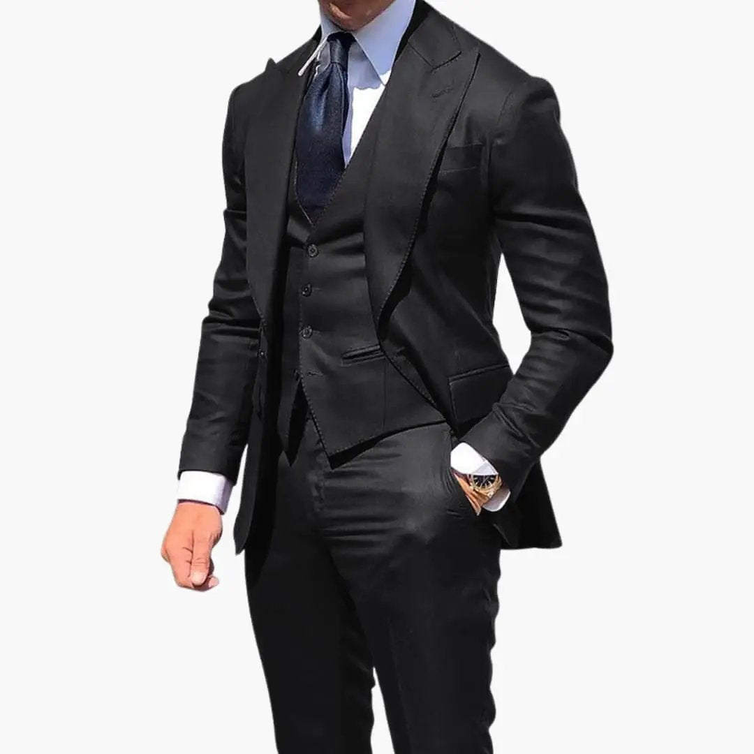 Men's three-piece Wilfred Smith suit set with vest, jacket and pants in black