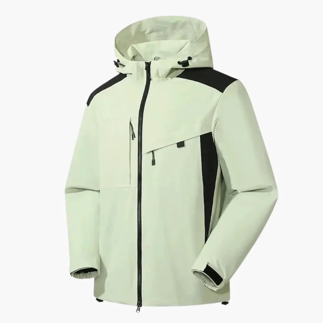 Men's ski jacket with hood in light mint, black shoulder panels, zip pockets.