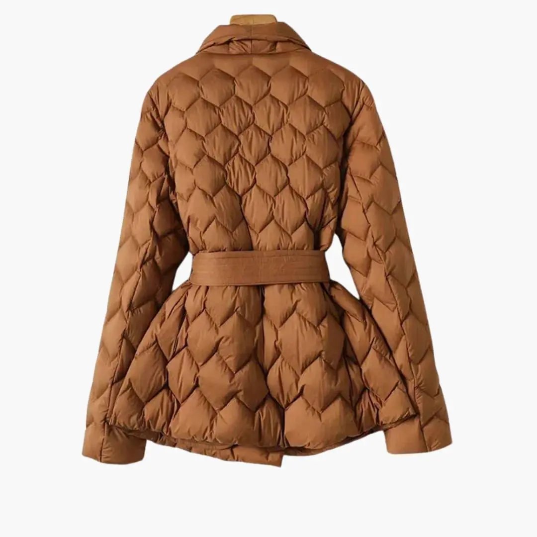 Wilfred Smith women's brown quilted down coat with belt and long sleeves, puffer jacket