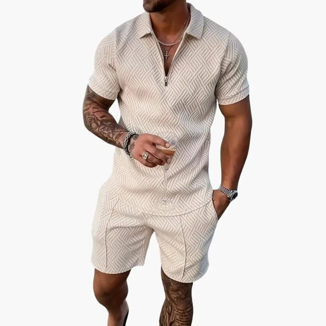 Men's beige geometric two-piece set with zip-front shirt and matching shorts, ideal for leisure and travel