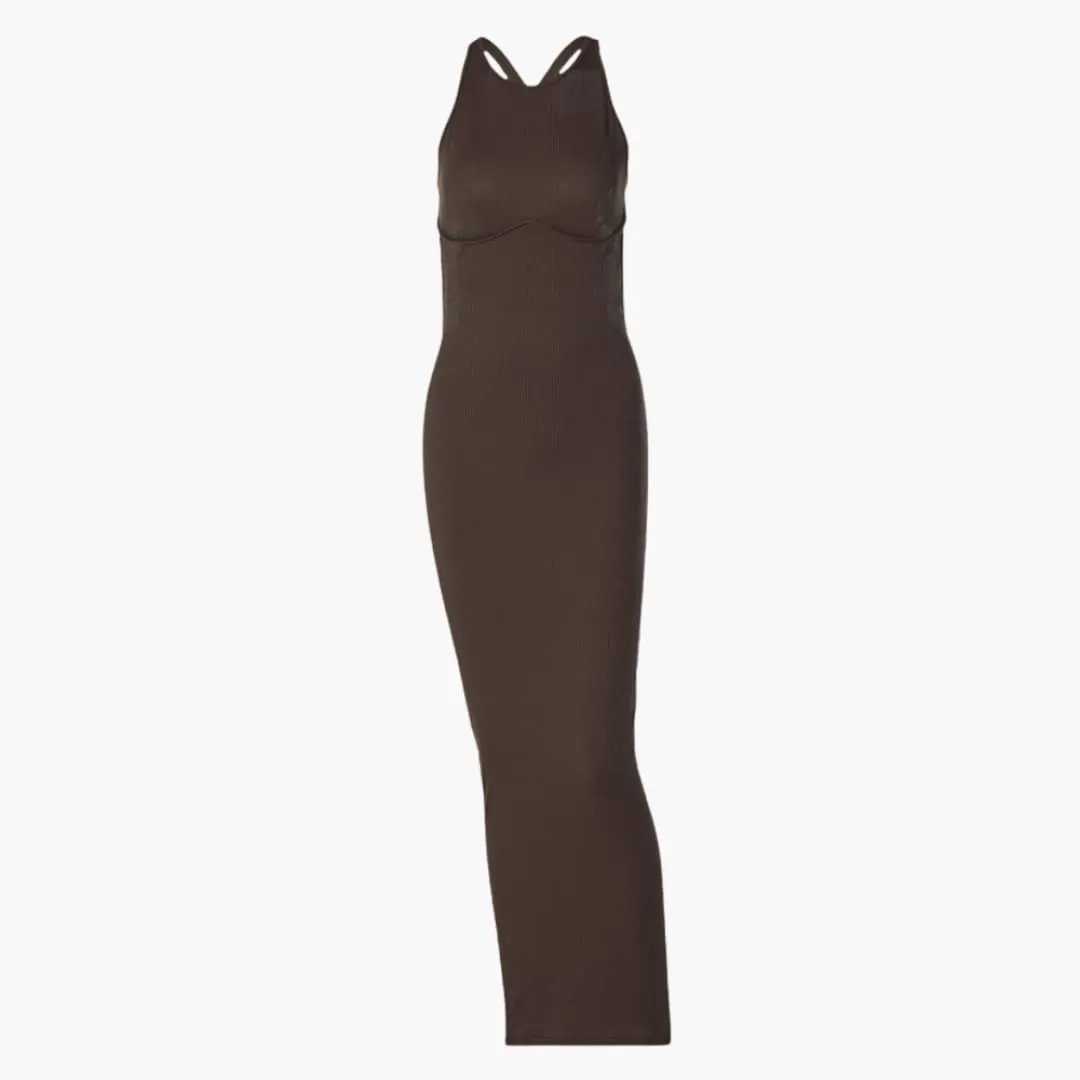 Elegant summer backless maxi dress by Wilfred Smith in brown