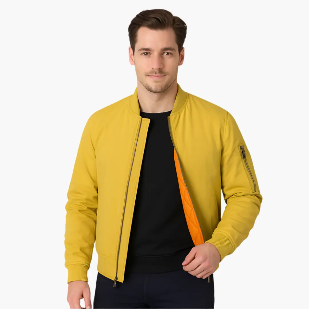 Men's yellow bomber jacket with orange lining, front zipper, and ribbed cuffs
