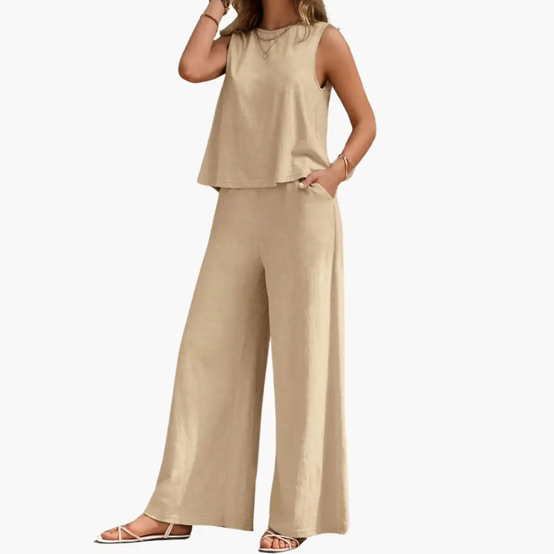 Two-Piece Women Set in beige with sleeveless top and wide-leg pants, summer casual style
