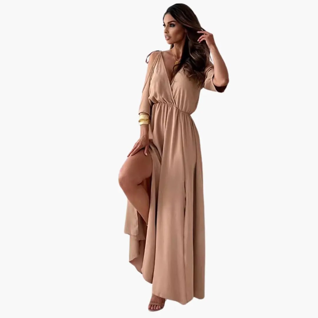 Maxi dress with V-neck and high slit in beige for elegant evening wear
