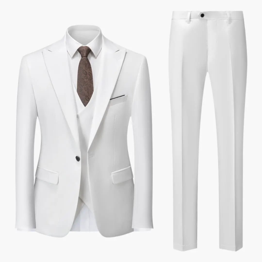 Elegant slim-fit white suit by Wilfred Smith with brown patterned tie