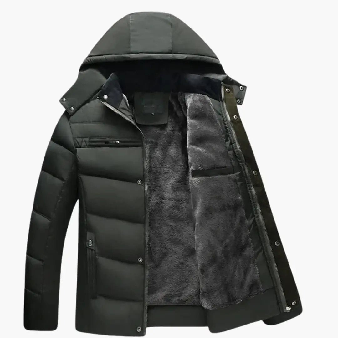 Men's puffer jacket by Wilfred Smith with hood and plush faux-fur lining