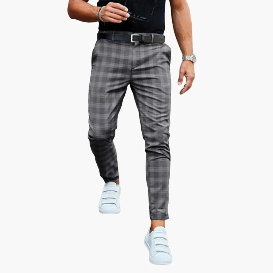 Men's slim-fit checkered trousers in gray plaid with slim leg, Wilfred Smith