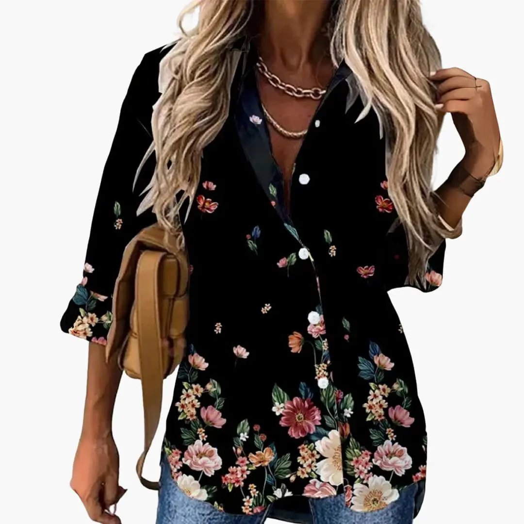 Blouse with floral pattern on black, long-sleeve button-down for women