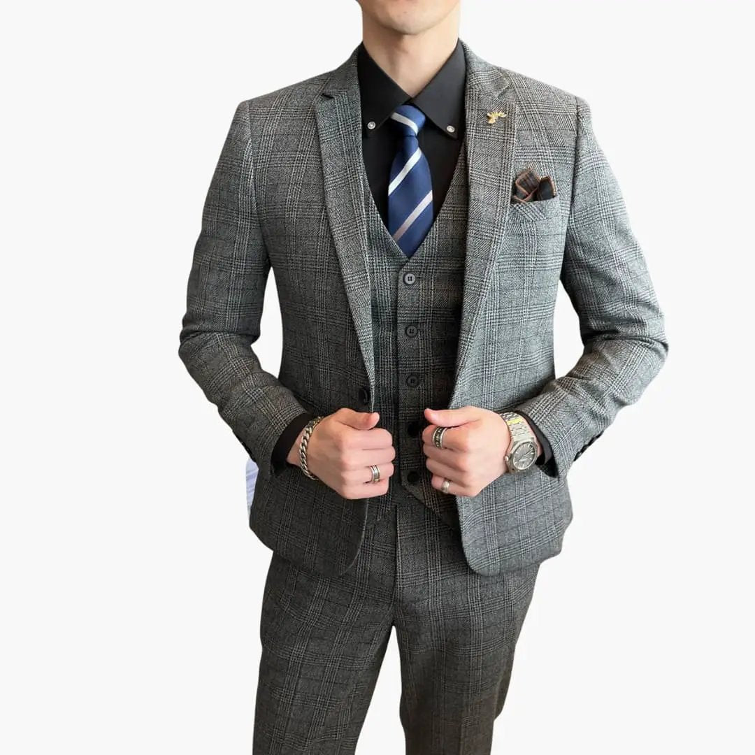 Men's three-piece gray check suit set by Wilfred Smith for formal wear