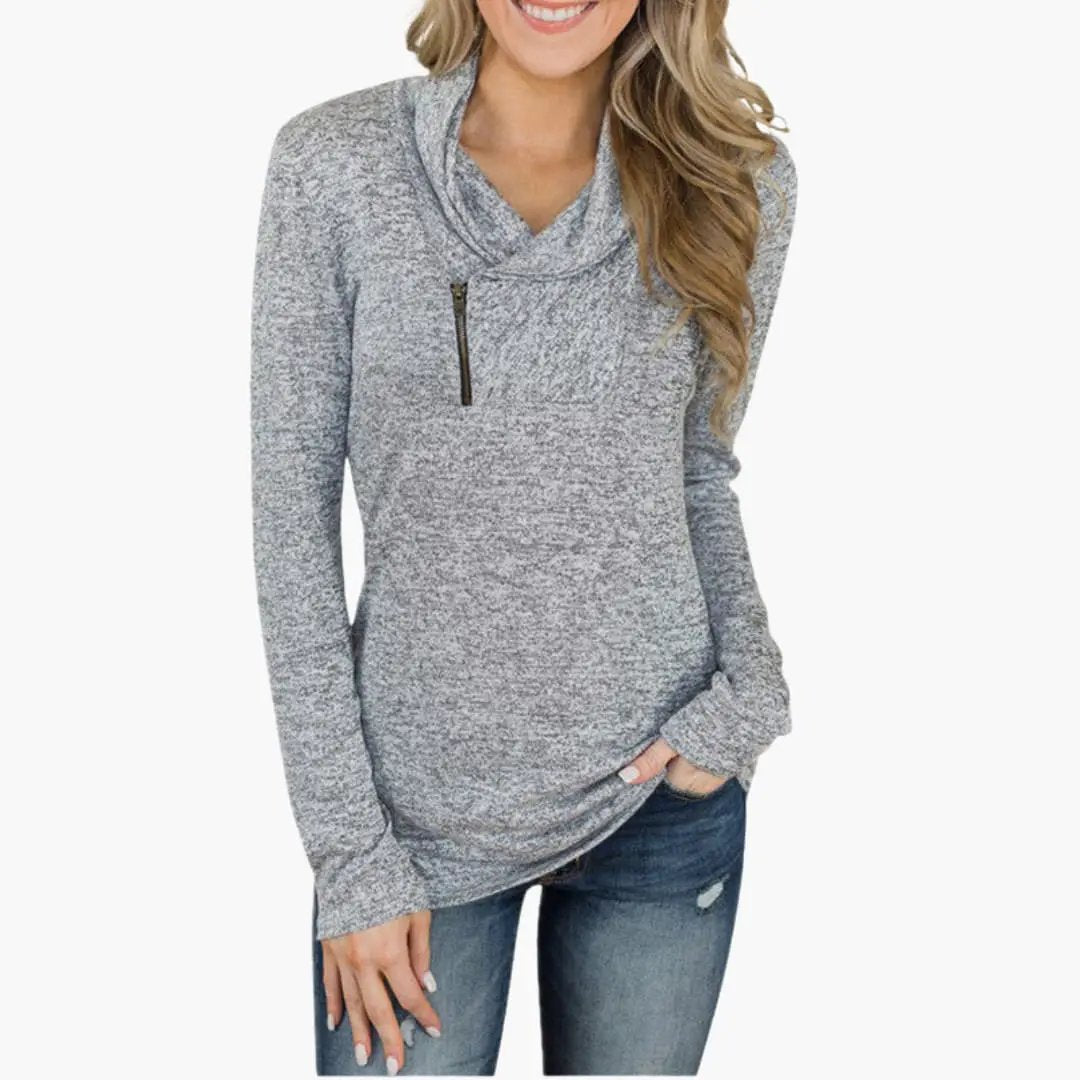 Women's pullover sweater with zipper and cowl collar in gray heather, Wilfred Smith