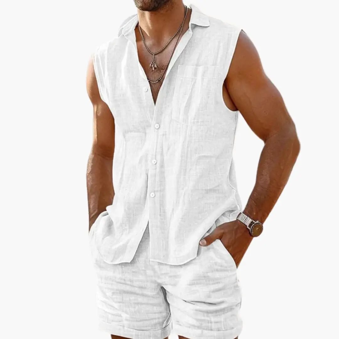 Wilfred Smith men's 2-piece summer set: sleeveless white linen shirt and shorts