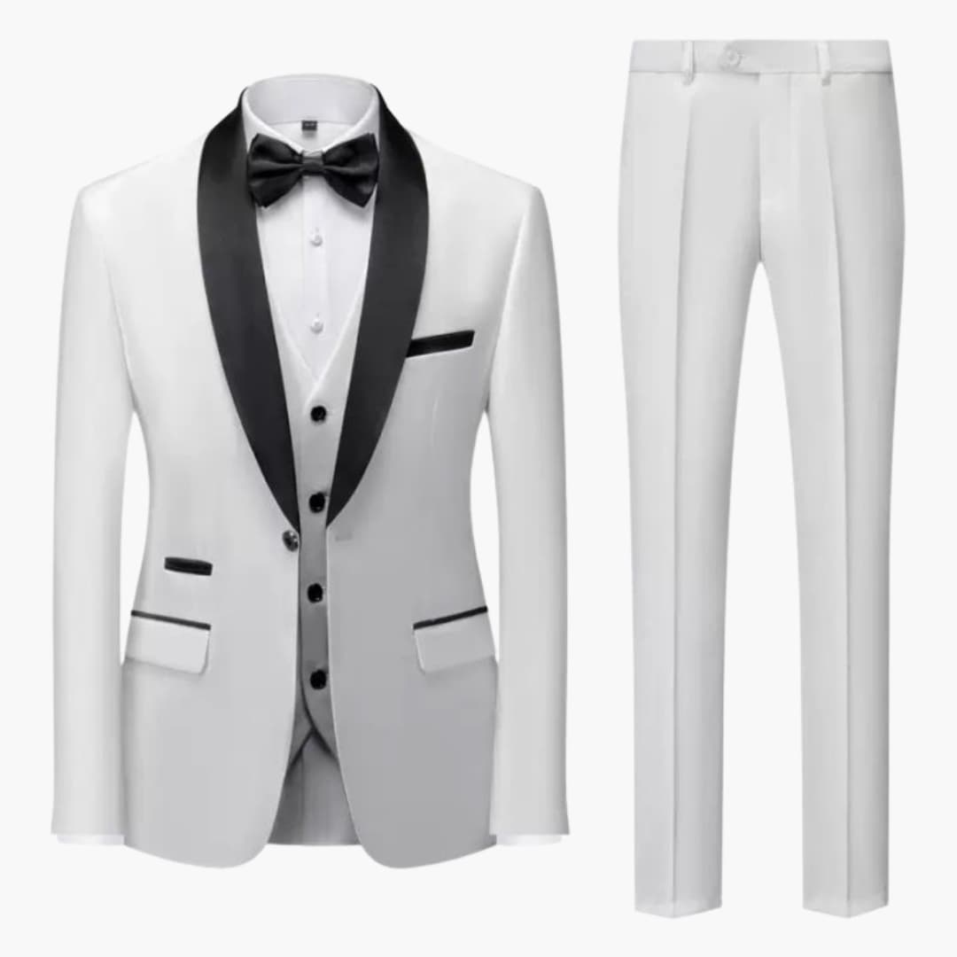 Men's white three-piece suit set with black satin shawl collar, white shirt, and bow tie
