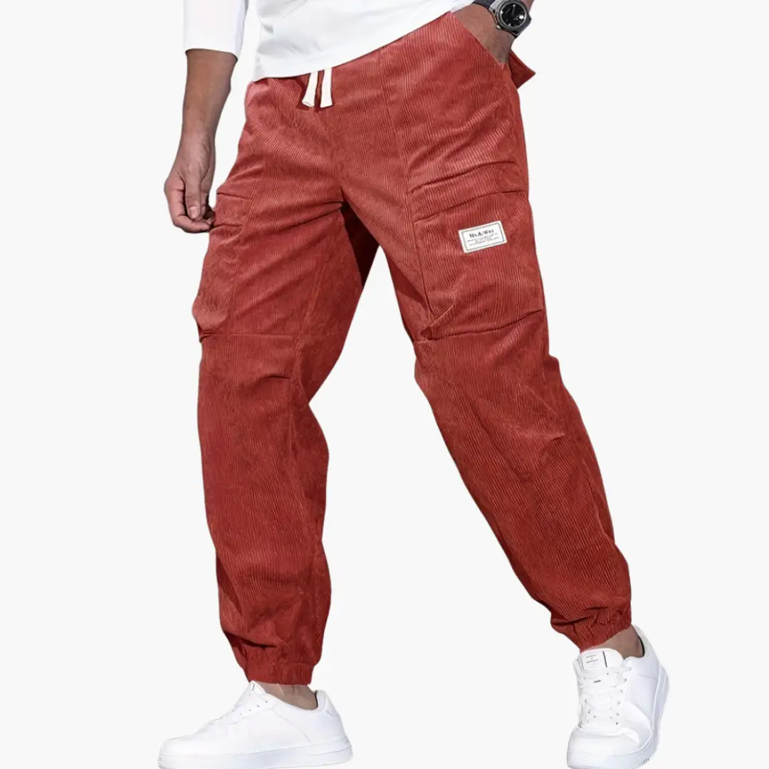 Men's corduroy trousers by Wilfred Smith, red with drawstring waistband and side pockets