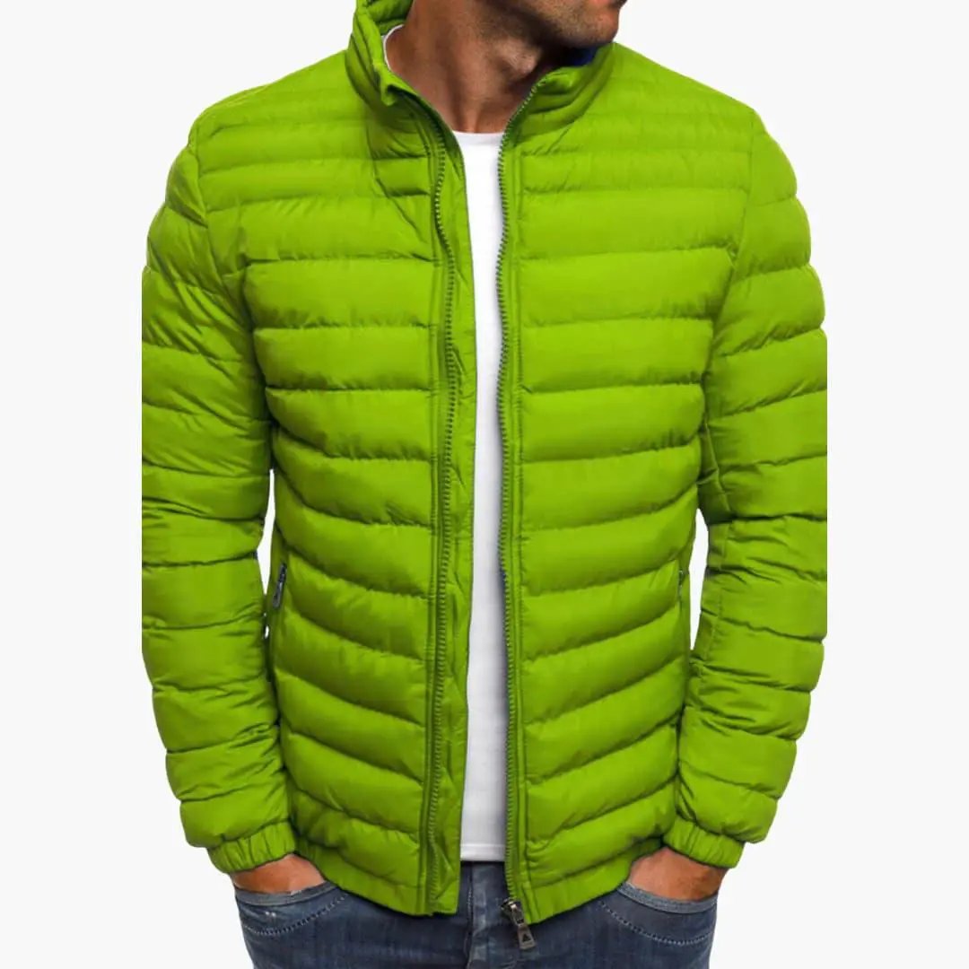 Men’s hooded puffer jacket by Wilfred Smith in bright lime green with zip closure and quilted panels.
