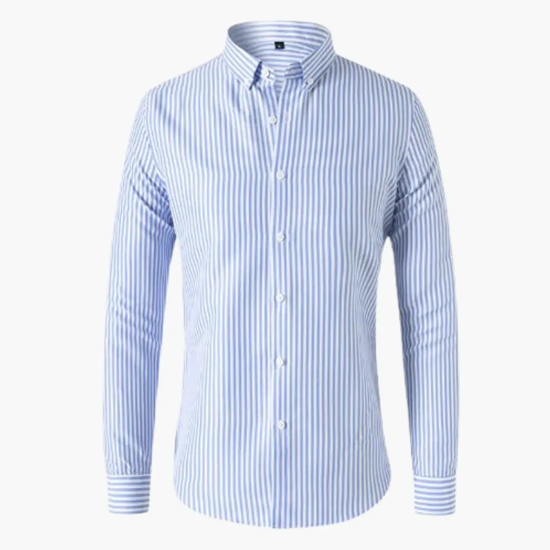 Striped men's long-sleeve shirt, blue and white, casual button-down.