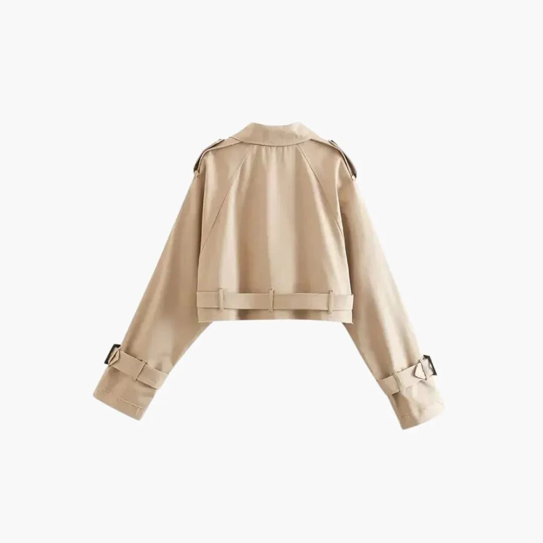 Belt Loop Trench Coat for Women in beige with waist belt, epaulets, and cuff straps.