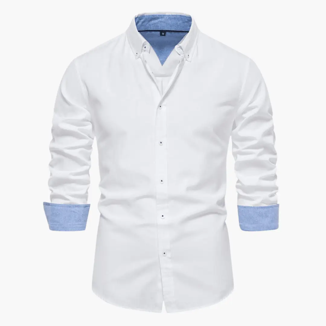 Classic men's shirt by Wilfred Smith: white with blue contrasting cuffs and inner collar.