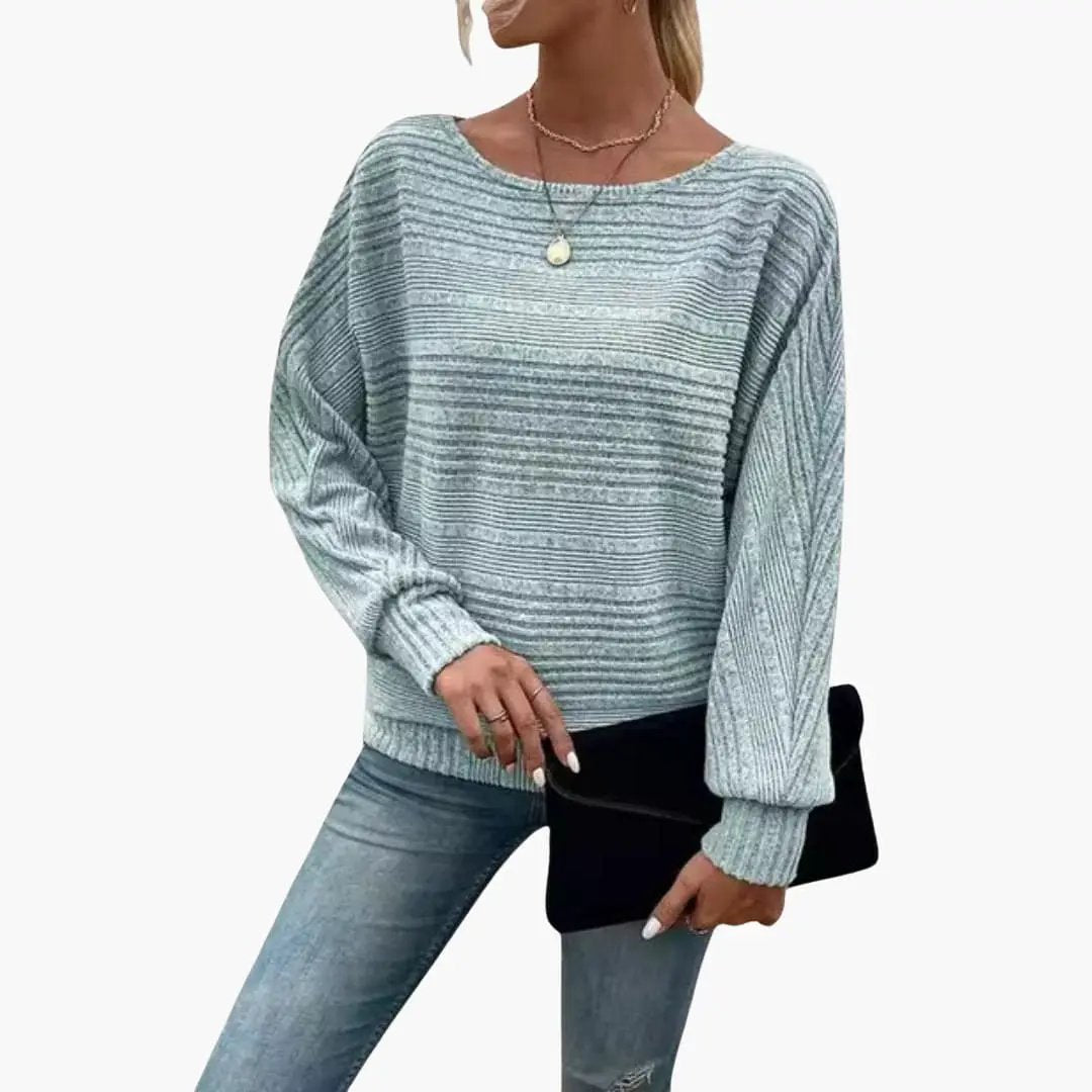 Women's boat-neck striped knit sweater in blue-gray with ribbed cuffs, relaxed fit