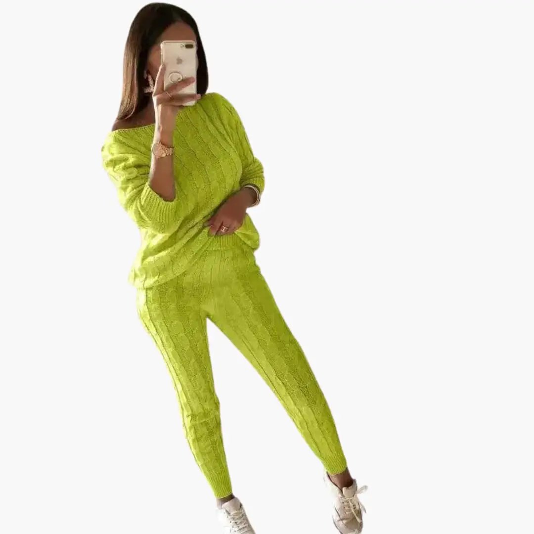 Women's neon lime knit two-piece set with long sleeves and elastic waistband, Wilfred Smith