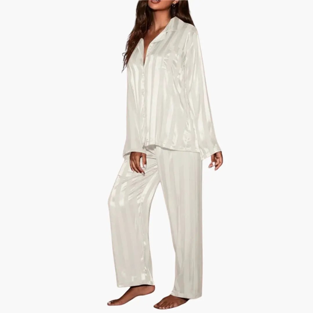 Women's ivory satin pajama set with long-sleeve shirt and wide-leg pants, Wilfred Smith.