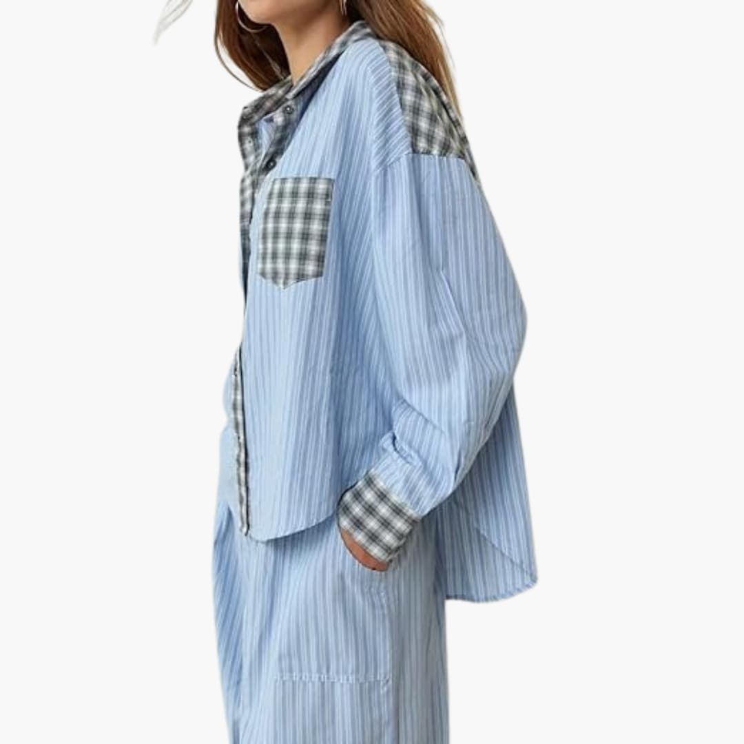 Women's pajama set by Wilfred Smith, blue striped button-top with plaid pockets and cuffs, elastic pants.