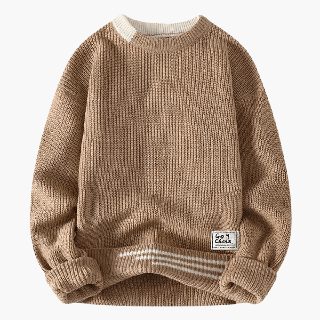 Men's chunky knit sweater with round neckline and ribbed hem, beige with white stripe at hem.