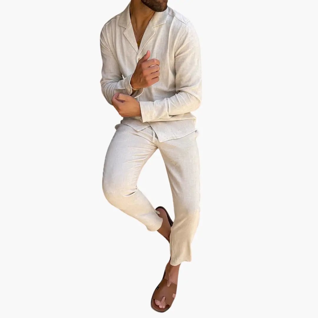 Men's two-piece beige linen long-sleeve shirt and pants set by Wilfred Smith