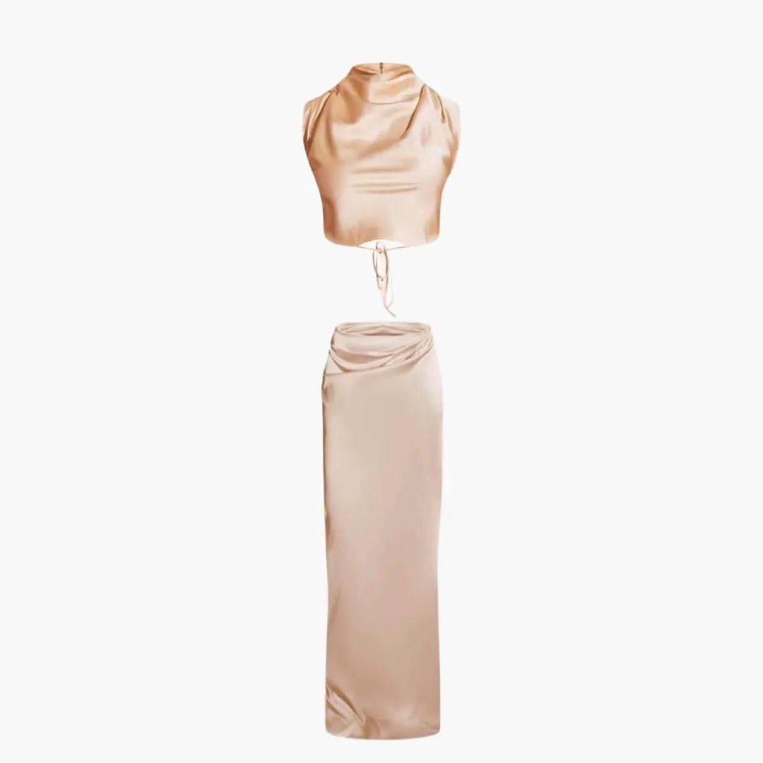 Wilfred Smith satin two-piece set: cropped top with back tie and long high-waisted skirt in champagne satin