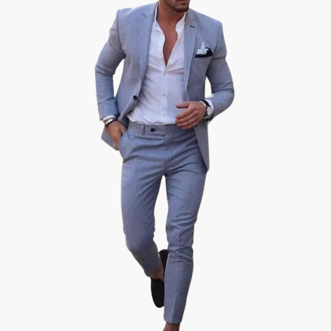 Men's two-piece wool-blend suit, light gray, slim-fit pantsuit by Wilfred Smith