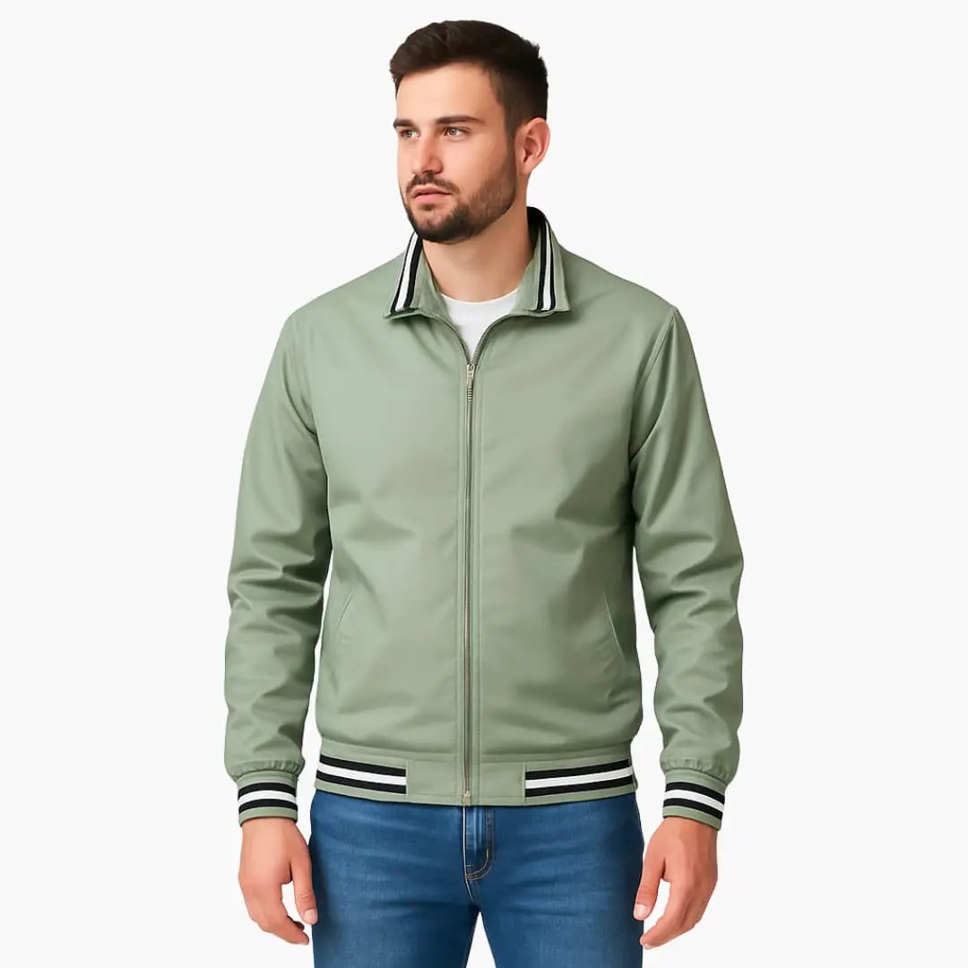 Men's bomber jacket with zipper in sage green, striped black/white hem by Wilfred Smith