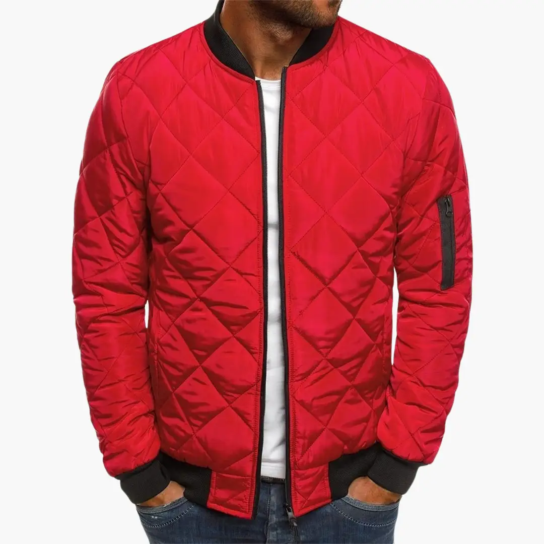 Men's Quilted Bomber Jacket with Zipper and Arm Pocket in red, black ribbed cuffs