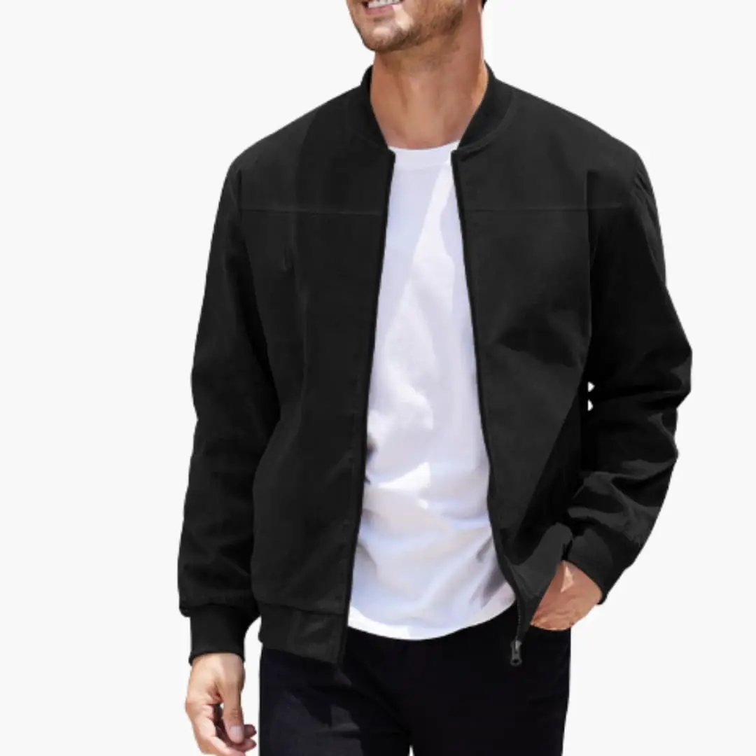 Bomber jacket for men, black with zip closure and ribbed collar and cuffs