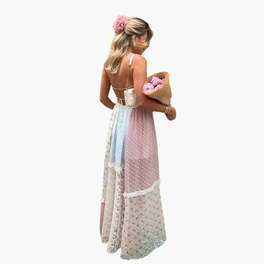 Patchwork Maxi Dress with spaghetti straps, pastel lace panels, floor-length