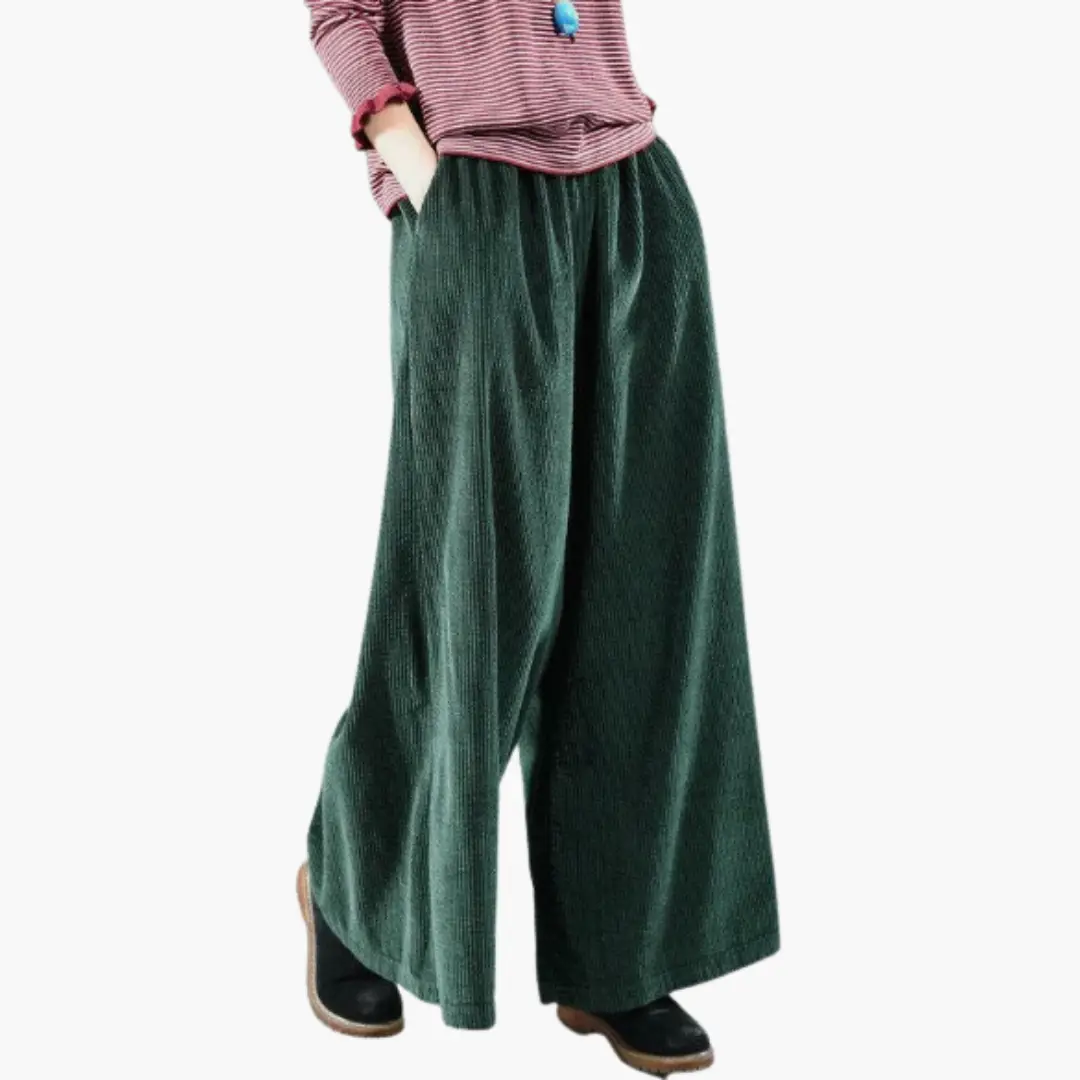 Women's corduroy trousers with button closure in emerald green, straight-leg style