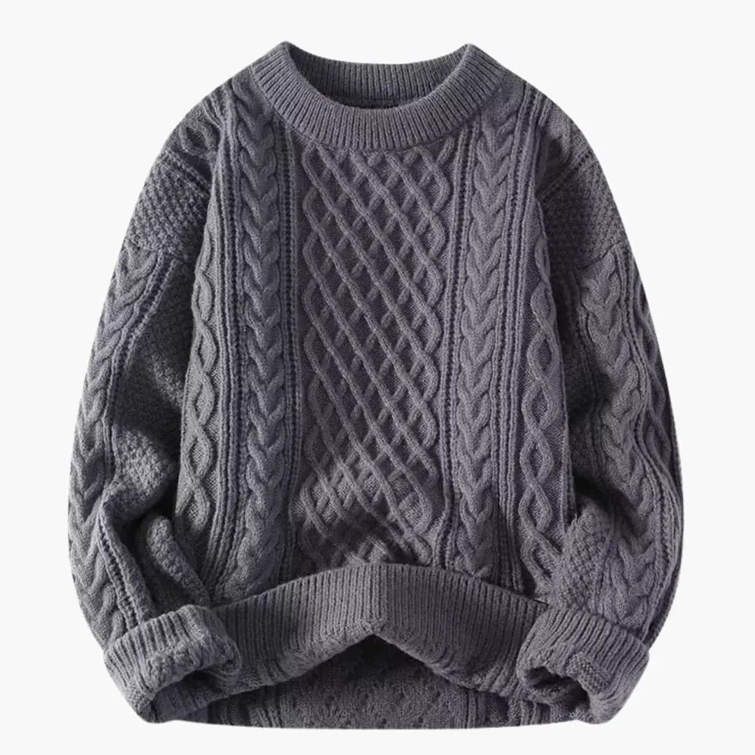 Women's gray cable-knit sweater by Wilfred Smith; crew neck, chunky knit with ribbed cuffs.