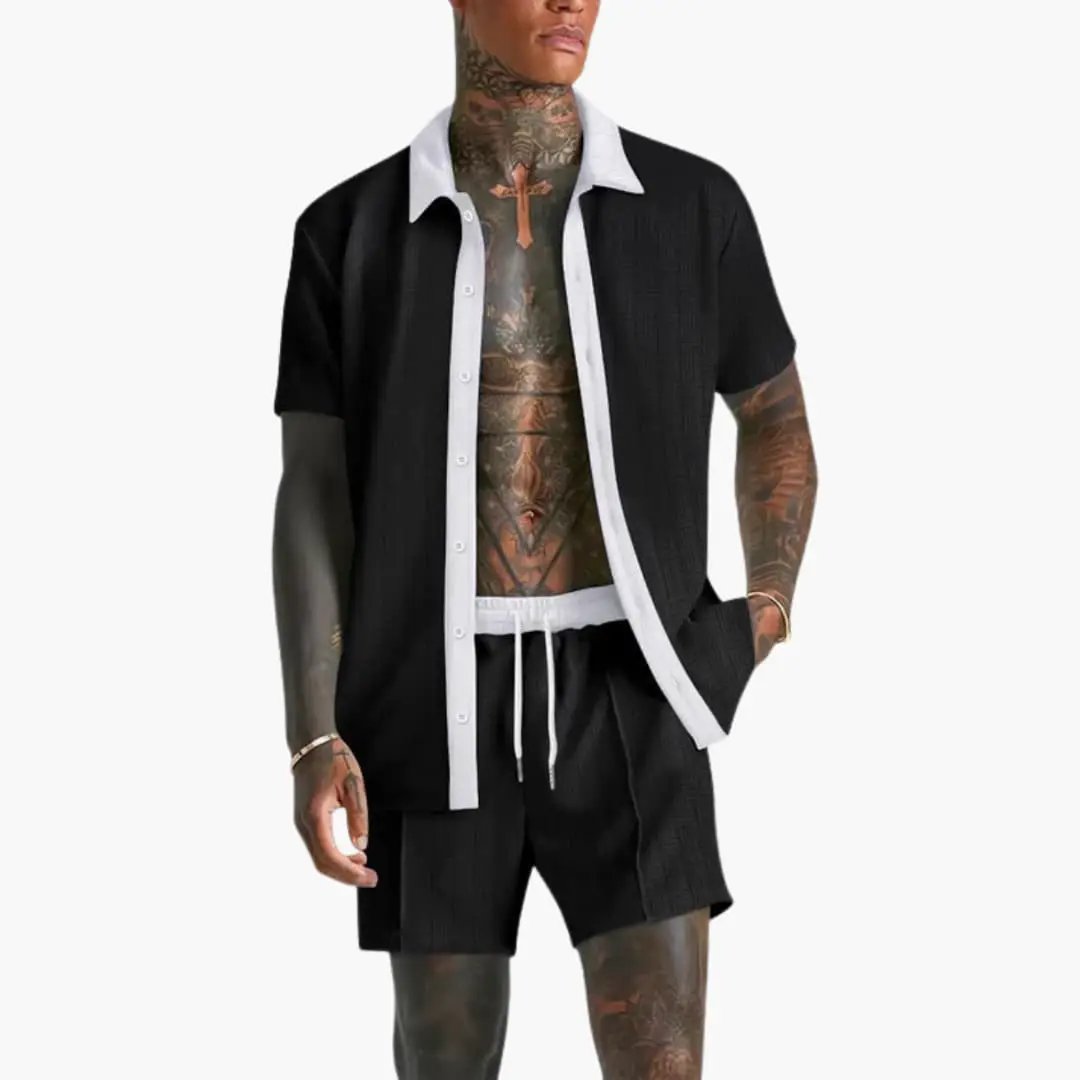 Men's Summer Set with Short Sleeve Shirt and Drawstring Shorts, two-piece, black with white trim