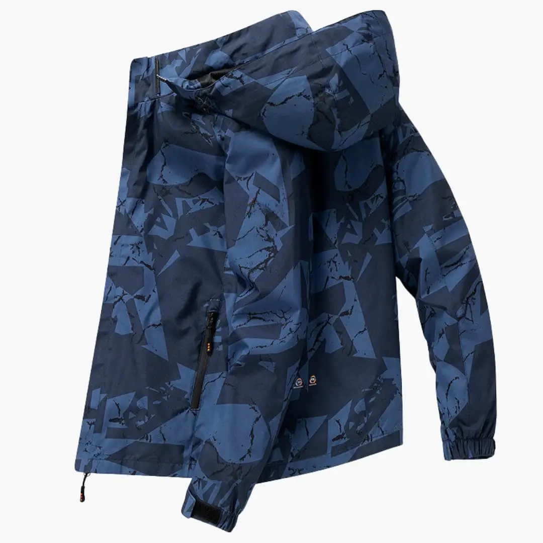 Men's ski jacket with hood in blue geometric camo pattern, elastic cuffs and zip pockets